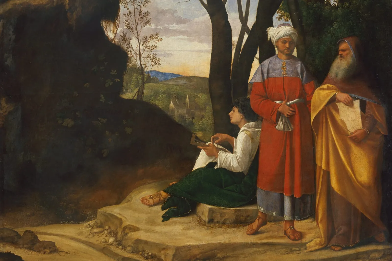 Pintura de Giorgione: três homens de idades diferentes numa paisagem ao entardecer; um jovem sentado mede algo com um esquadro, um homem de turbante e um velho de barba branca, de pé, seguram instrumentos e um papel.