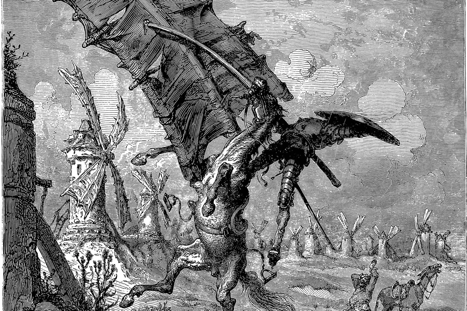 Gravura de Doré: Dom Quixote, de armadura, é erguido no ar com o cavalo pela pá de um moinho de vento, a lança quebrada; ao fundo, uma fileira de moinhos.